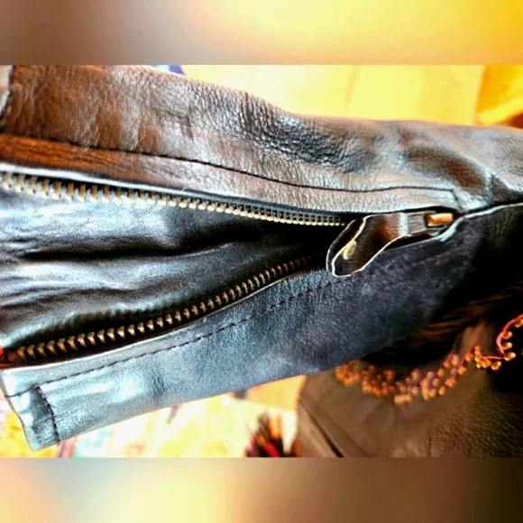 VTG 80s Black Leather Pink Purple Fringe Bike Zip Up Elastic Waist Jacket M - Picture 8 of 16